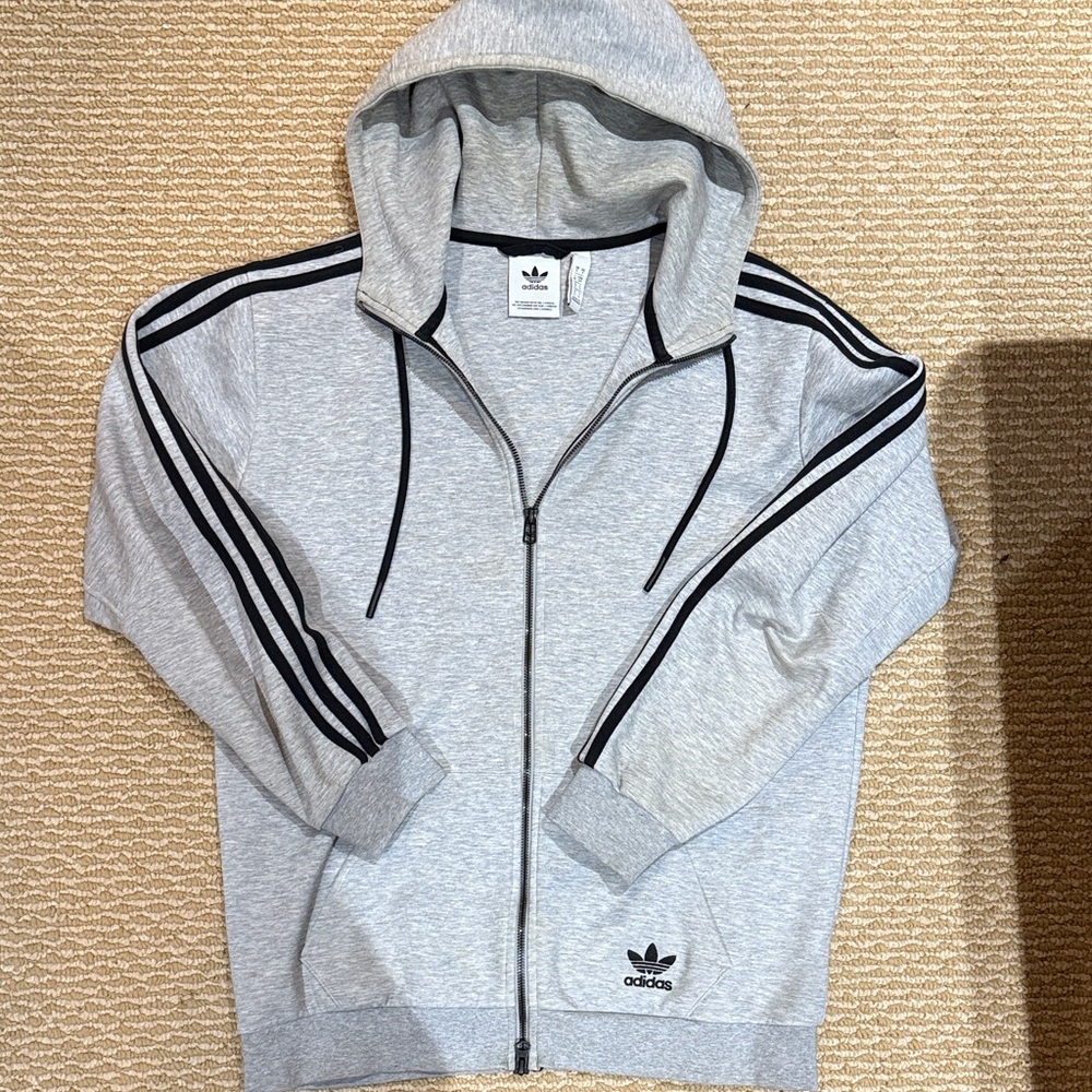 Adidas Gray Zip-Up Sweater with Black Stripes